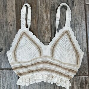 Madden NYC Crochet Knit Cropped Tank Top Cream Tan‎ Striped Ruffle Size L